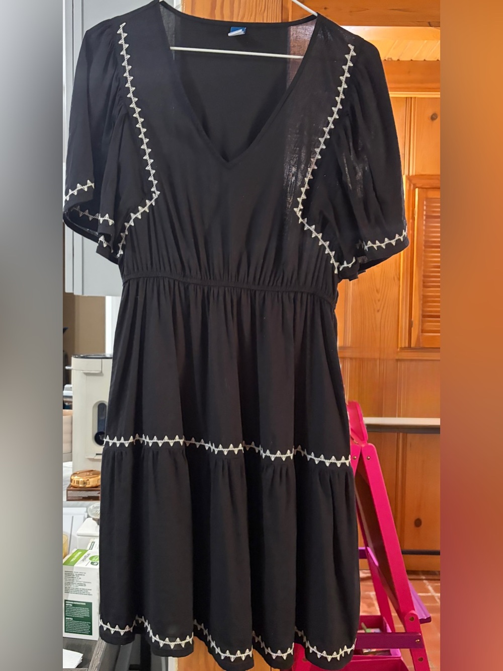 Black Embroidered V-Neck Women's Dress